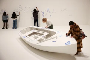  The boat, primed with Woco Supercote, forms a blank canvas for visitors to paint and draw on